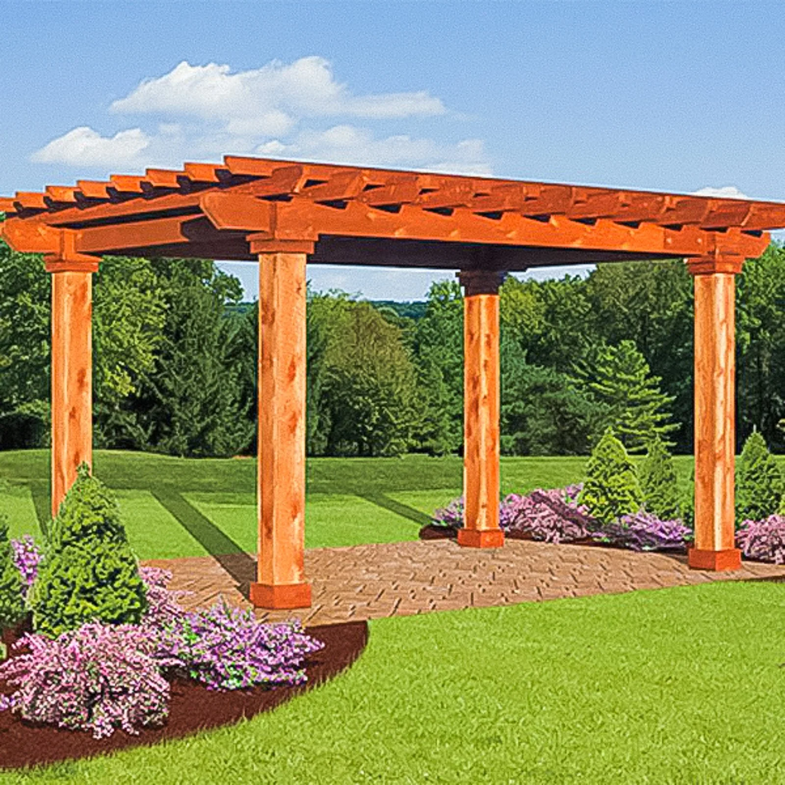 Wood pergola over a landscaped patio